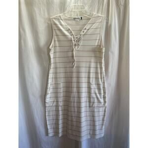 Beyond This Plane Dress - Large - Ivory Pink Stripe Lace Up Pocket Dress